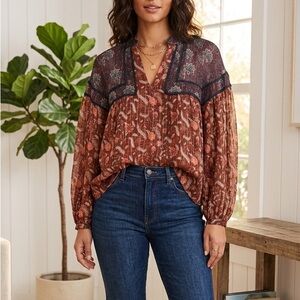 Zara boho Floral Blouse shirt S/M oversize paisley patterns bohemian puff sleeve